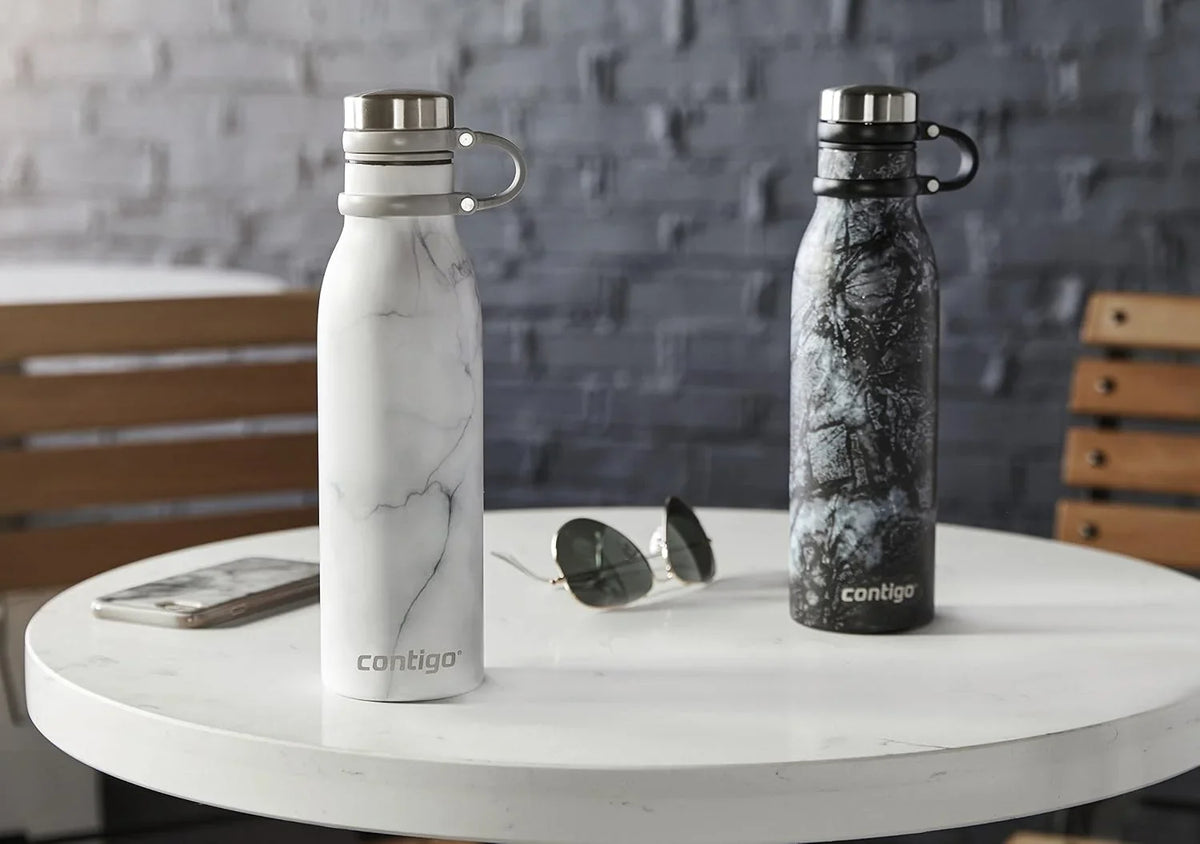 Contigo Matterhorn Vaccum Insulated Stainless Steel Water Bottle with Leak-Proof Chug Cap, Drinks Stay Cold up to 24 Hours or Hot up to 10 Hours, Fits Most Cup Holders, 20oz White Marble